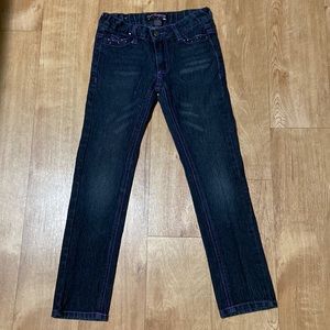 Girls Size 8 Adjustable Waist One Step Up Dark Jeans 👖 with Purple Stitching